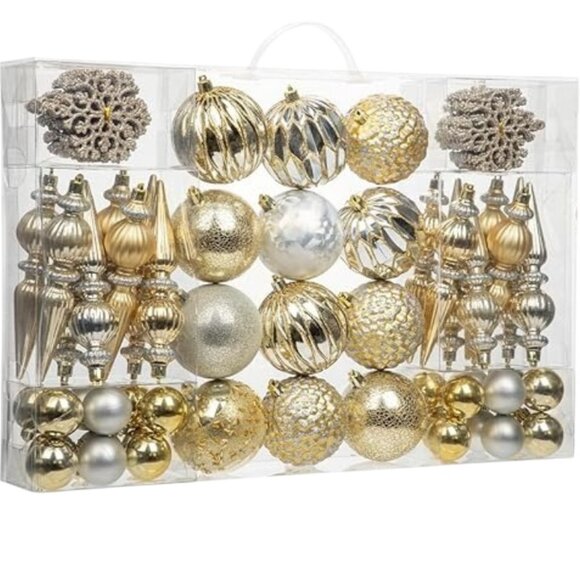 Christmas Tree Shatterproof Gold & Silver 92 Piece Ornament Decoration Set - Picture 1 of 6